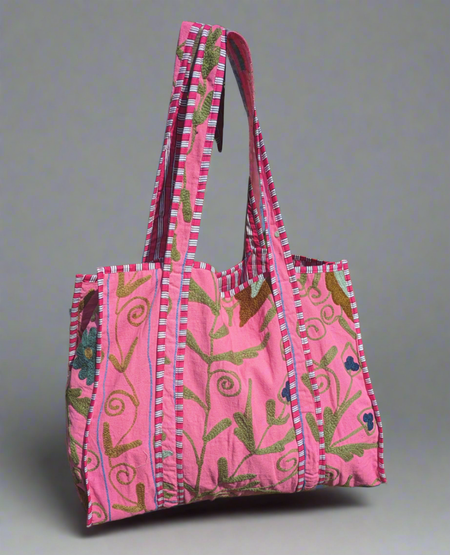 Pink hand embroidered Tote