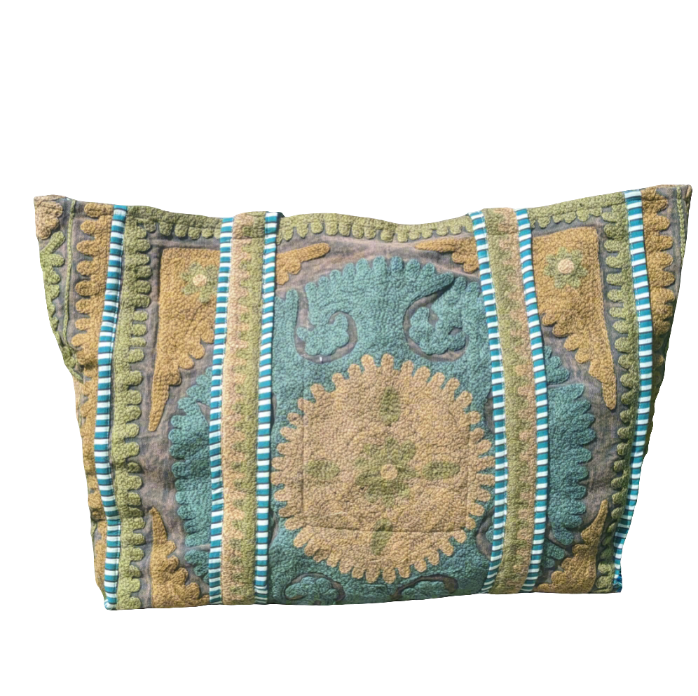 Green and brown Suzani embroidered Tote-Tote Bags-LNH Edit