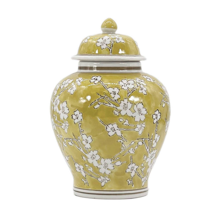 Yellow & White Ceramic Chinoiserie Ginger Jar 12"-Ginger Jars-LNH Edit