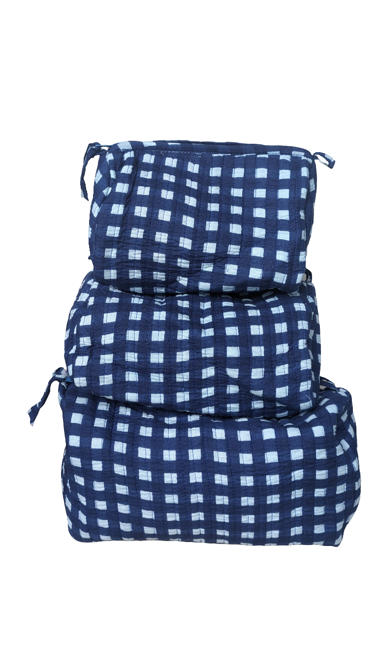 Blue Gingham Quilted Cosmetic Bag – Set of 3, 100% cotton toiletry and makeup wash bags with waterproof lining.