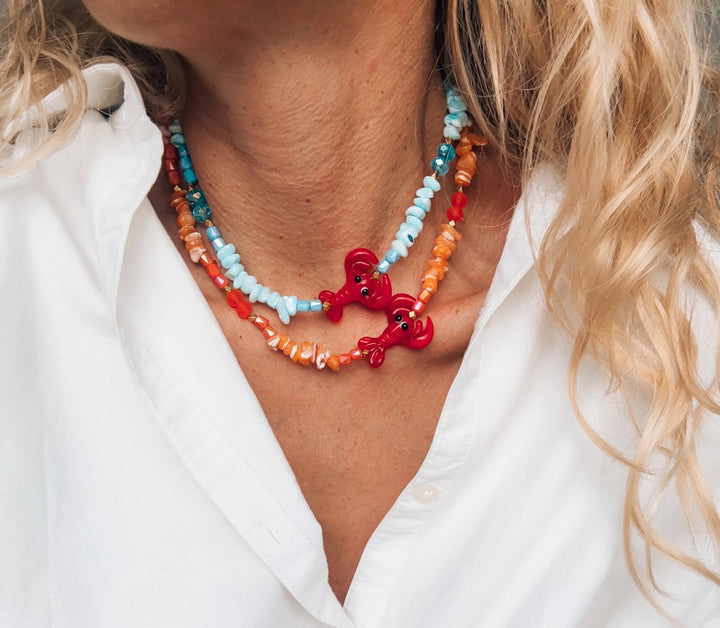 Semiprecious Filntisi Chips in Turquoise with Glass Lobster