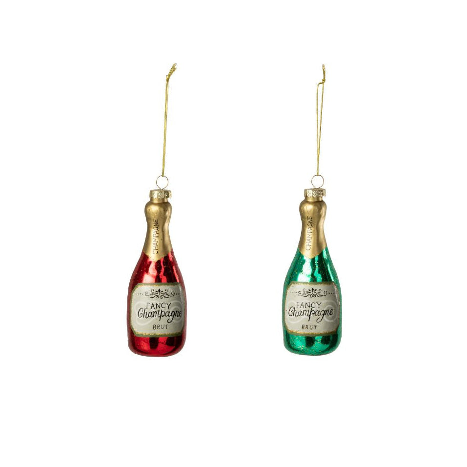 Pair of red and green champagne bottle glass ornaments with gold detail, festive tree decorations.