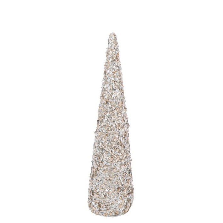 Champagne sequin cone tree, small size, elegant festive decoration.