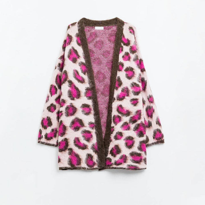 Pink Leopard print cardigan with wool: Pink / One Size-Shirts & Tops-LNH Edit