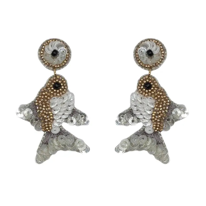 Mini White & Gold Beaded Fish Earrings