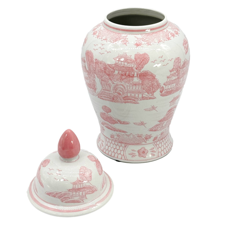 Pink & White Chinoiserie Ceramic Jar 18"-Ginger Jars-LNH Edit