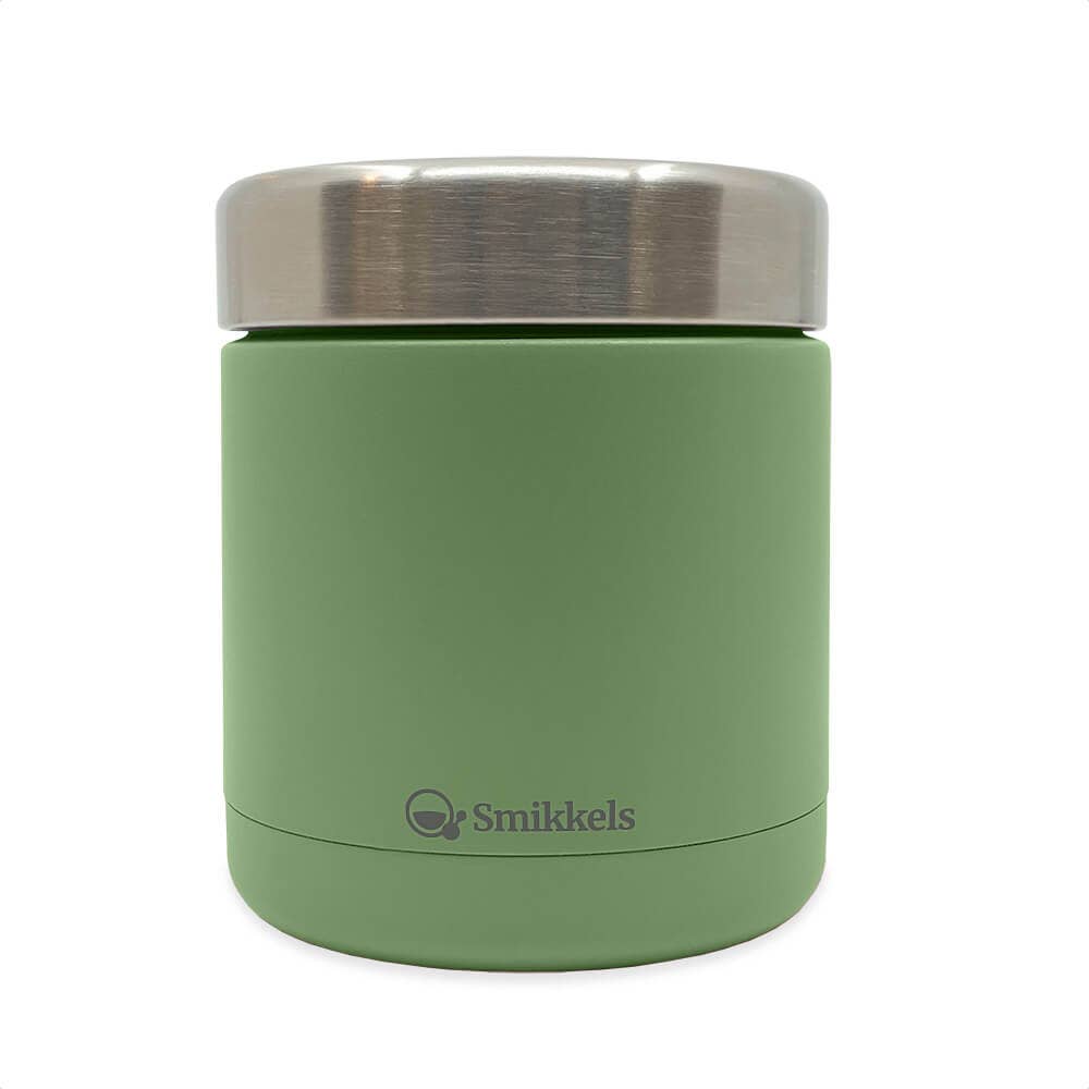 Green thermos with silver lid on a white background