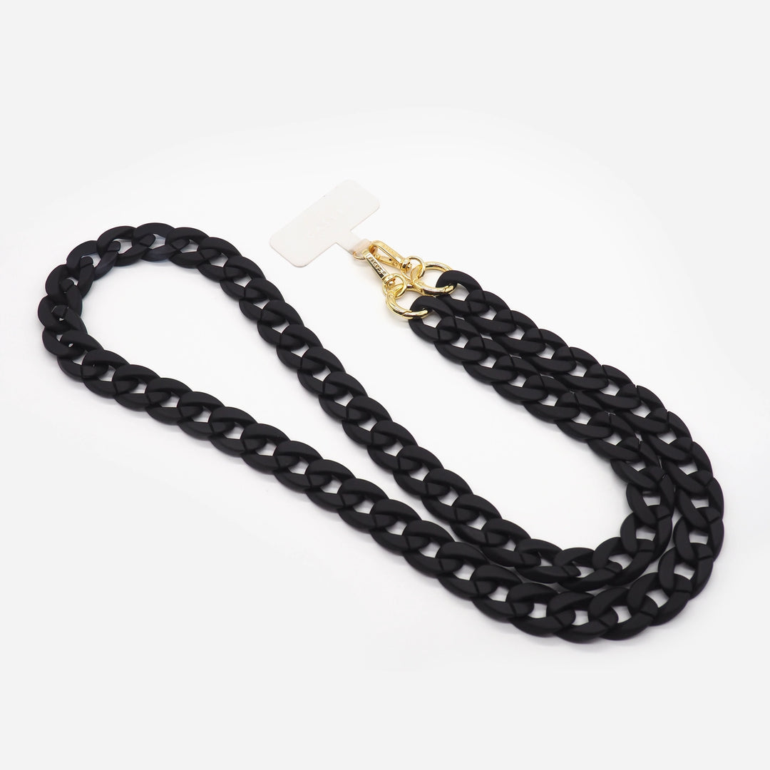 Deep black phone chain with universal strap and gold hardware – crossbody hands-free accessory