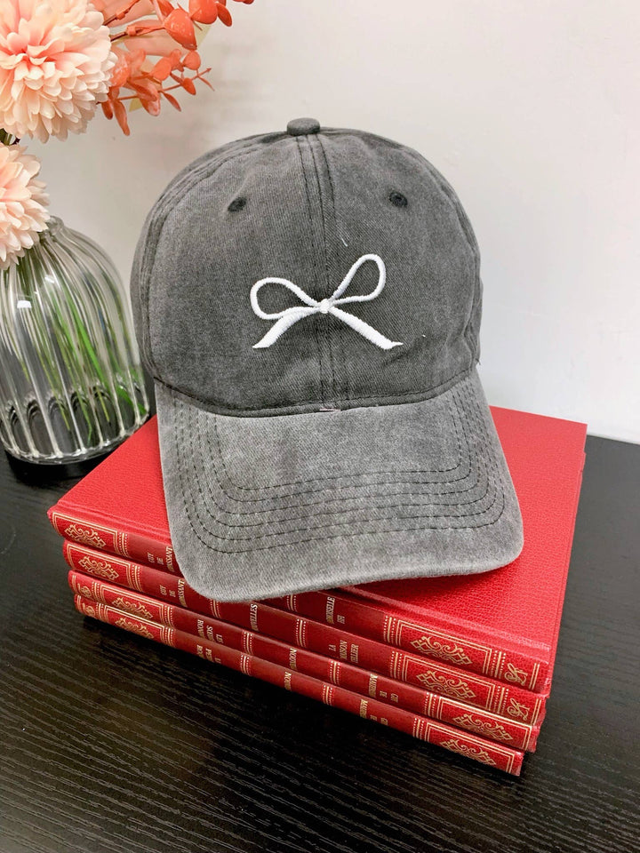 Black Denim cap with embroidered bow-Hats-LNH Edit
