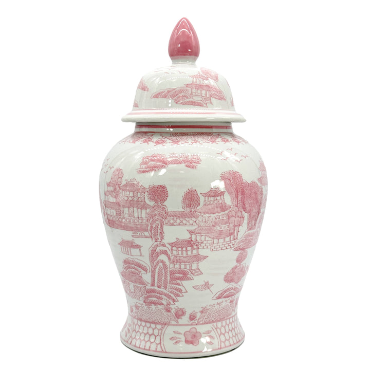 Pink & White Chinoiserie Ceramic Jar 18"-Ginger Jars-LNH Edit