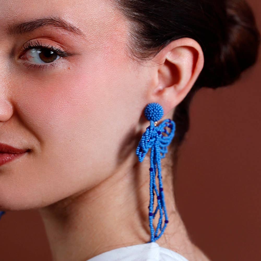 Dangling Bow Bead Earrings: Blue