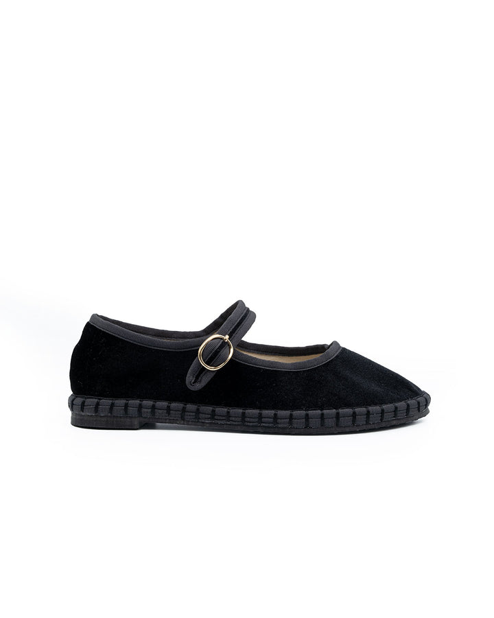 Black Handmade Velvet Mary Jane Flat Shoes