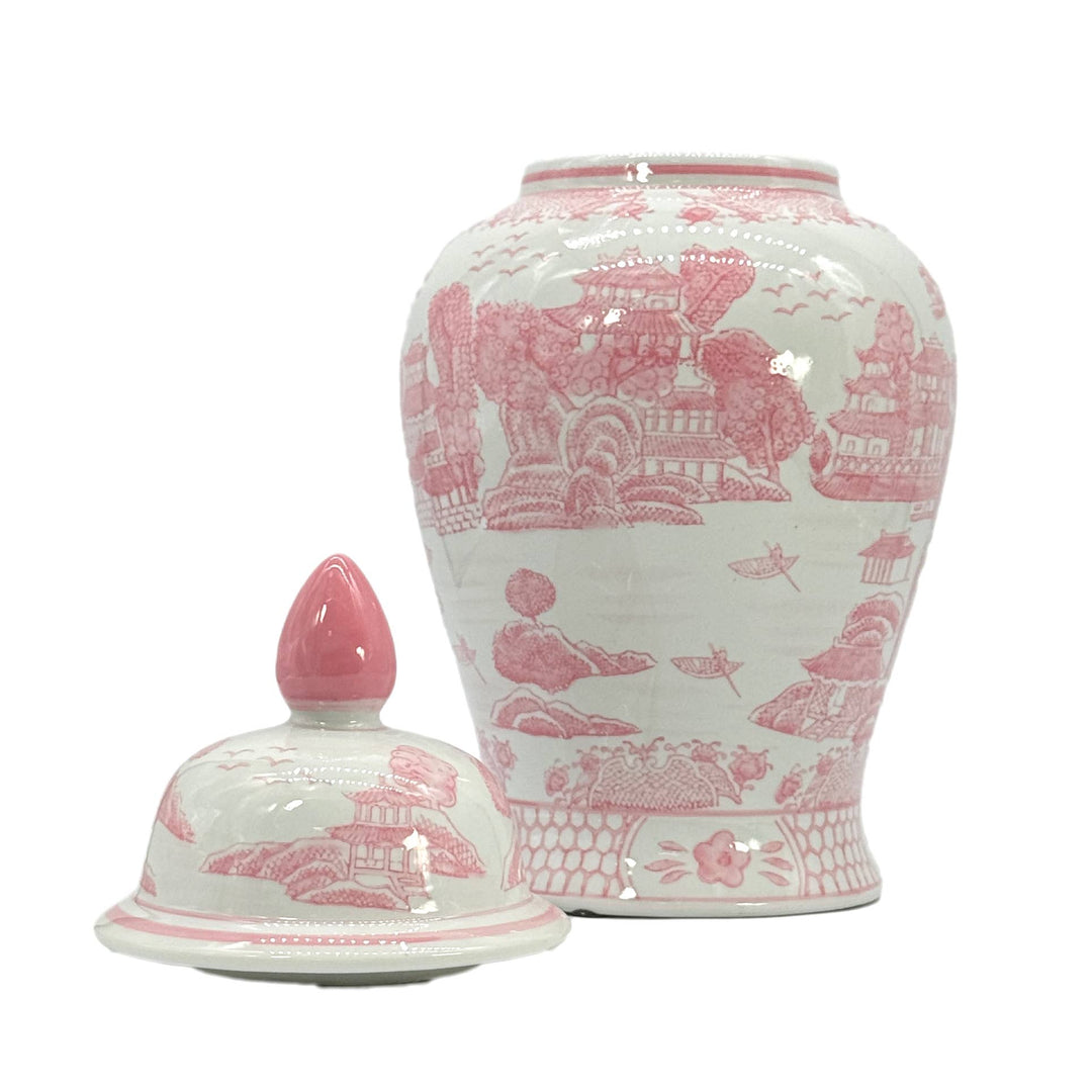 Pink & White Chinoiserie Ceramic Jar 18"-Ginger Jars-LNH Edit