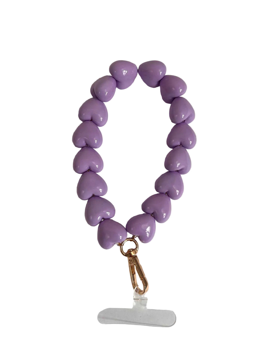 Purple heart-shaped beaded bracelet with a gold clasp on a white background