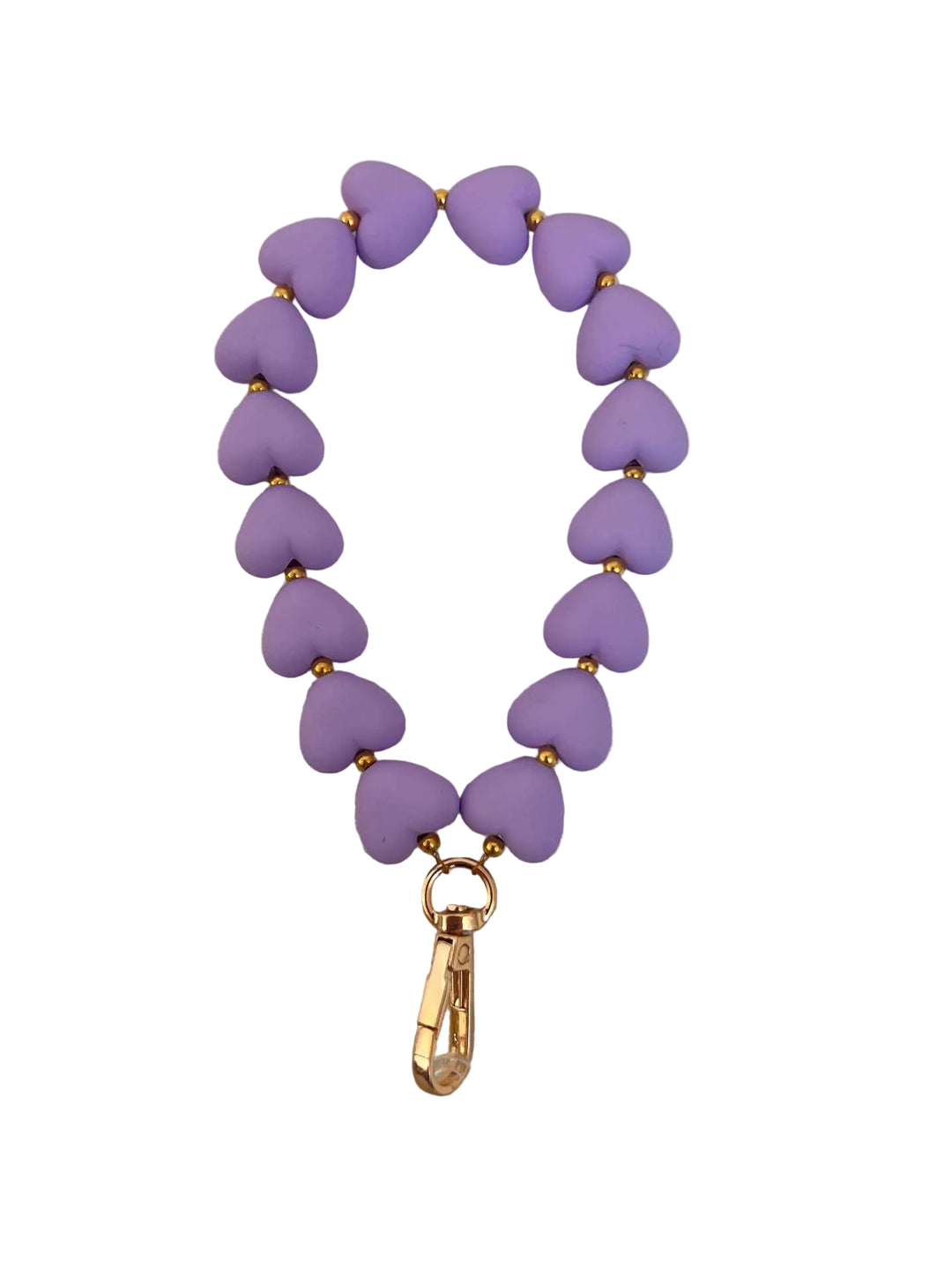 Purple heart-shaped beaded bracelet with a gold clasp on a light gray background