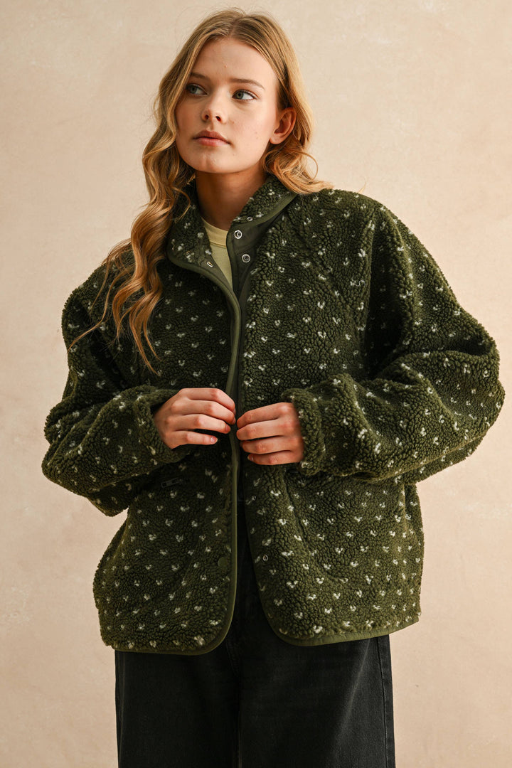 Olive Heart Print Sherpa Jacket