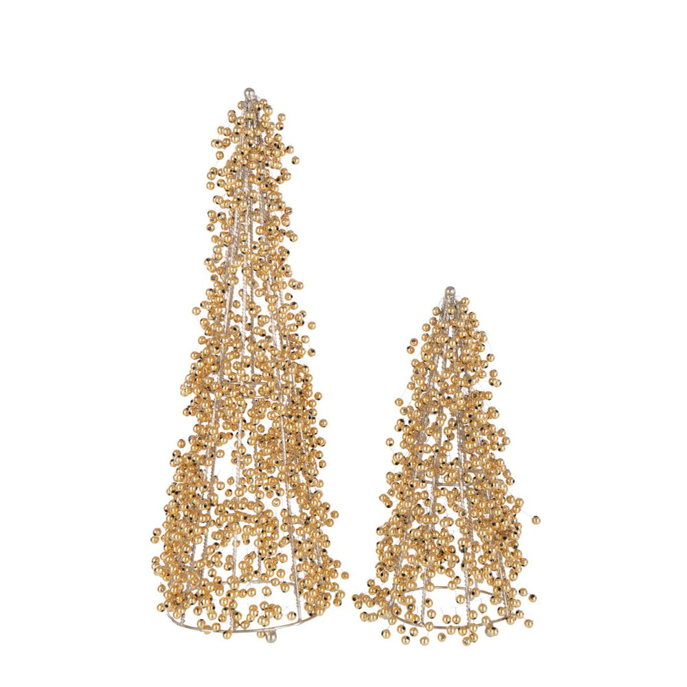 Pair of gold beaded Christmas trees in small and large sizes, styled together.
