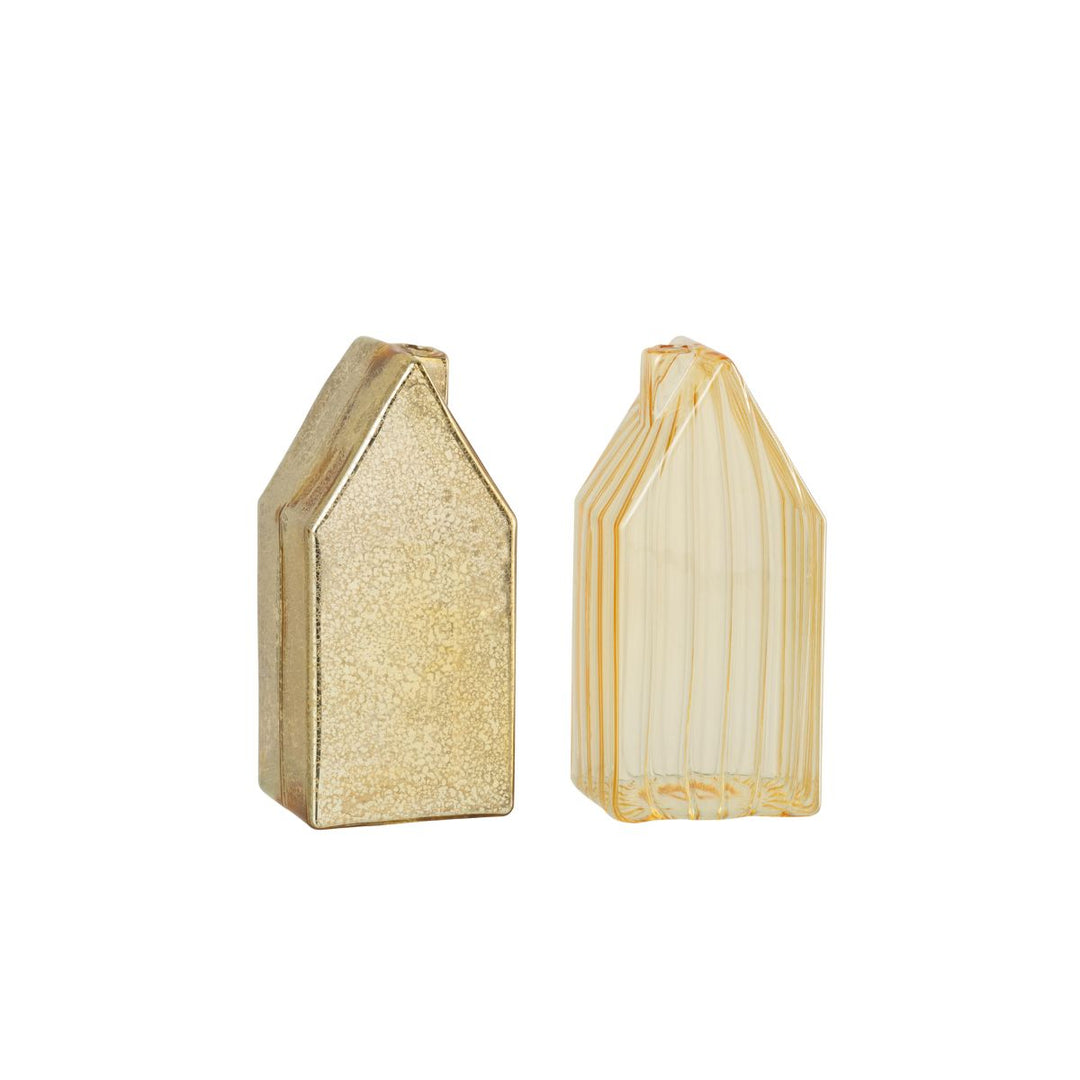 Large gold glass house decoration, reflective festive ornament.