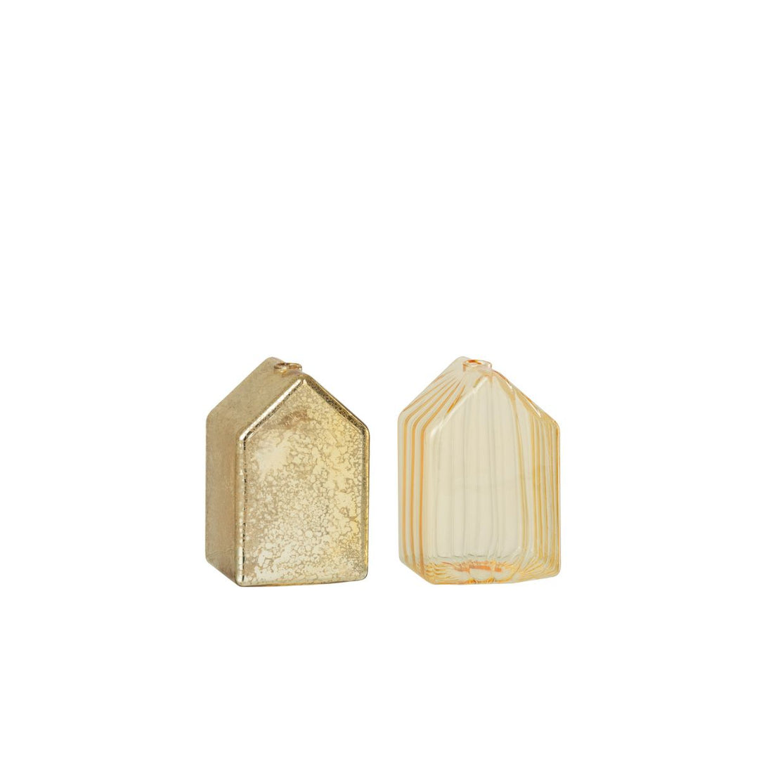 Small gold glass house decoration, warm-toned metallic Christmas piece.
