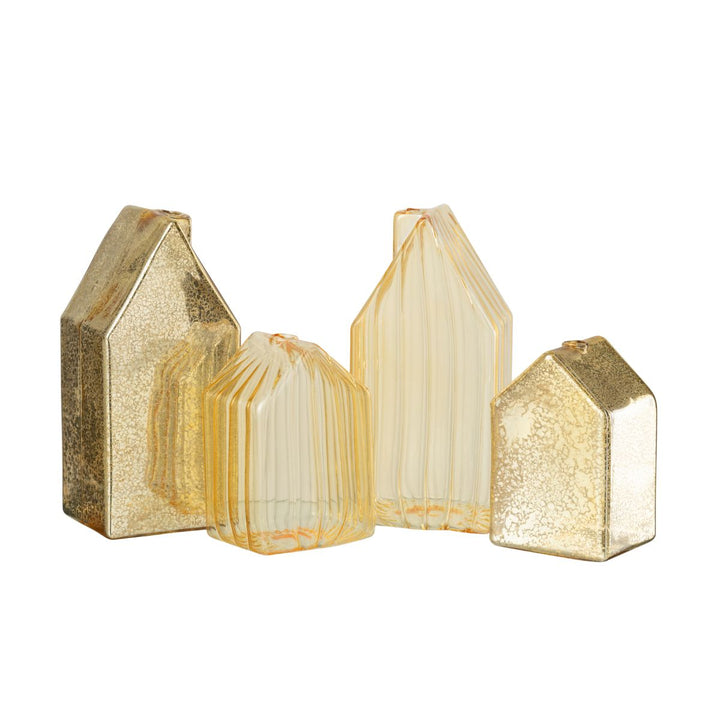Gold glass house decorations in assorted sizes, modern metallic Christmas accents.