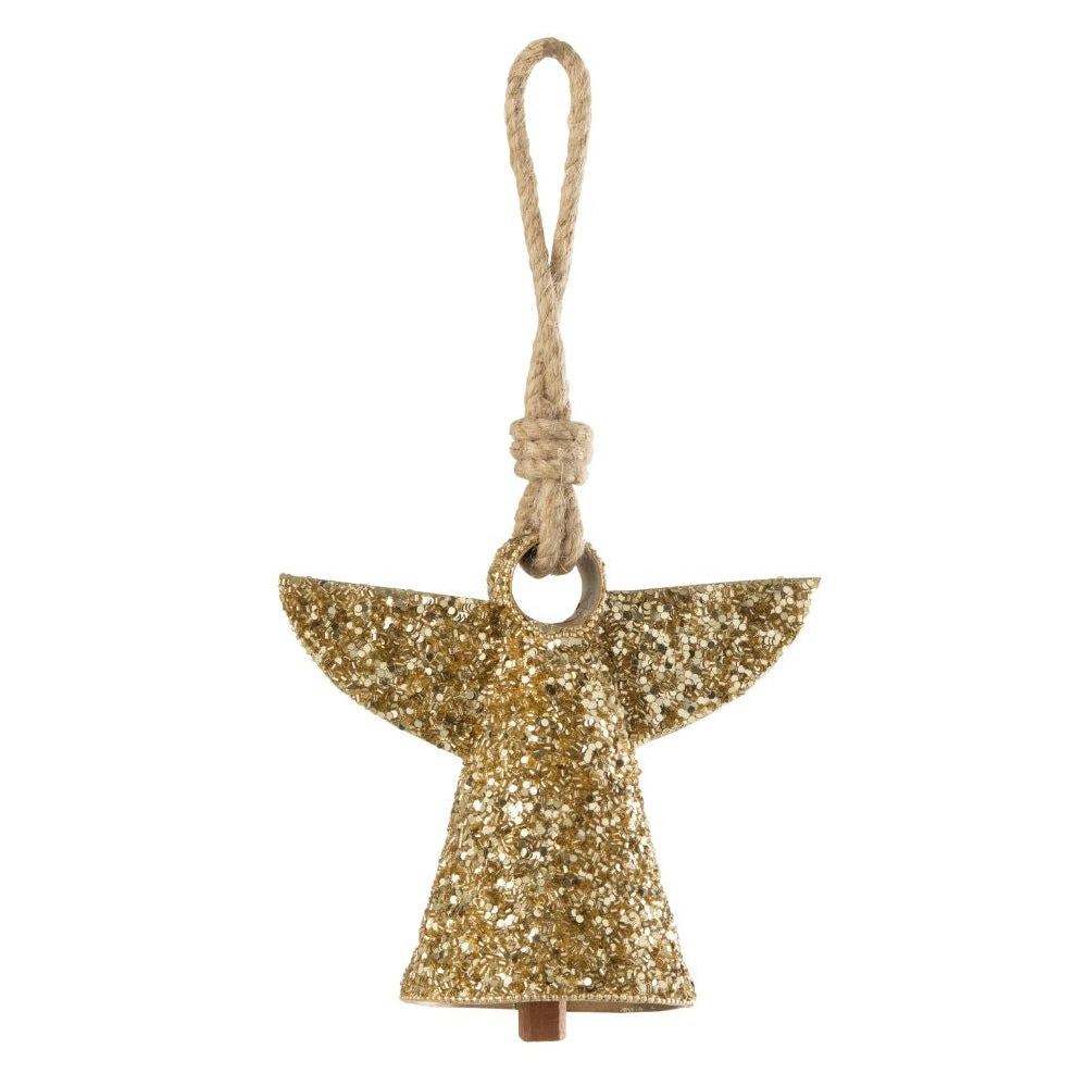 Gold glitter angel-shaped hanging bell with jute rope loop.