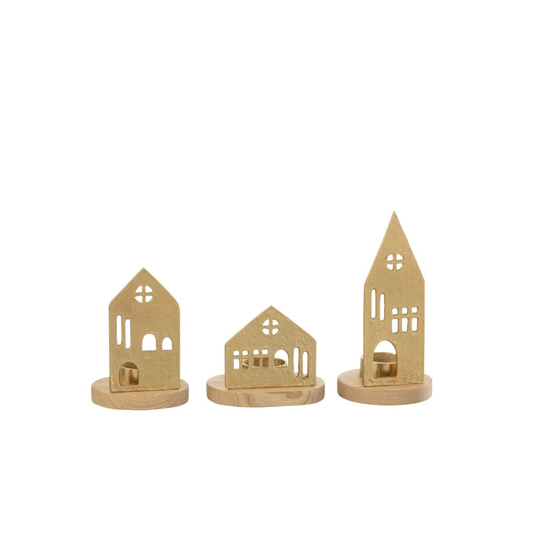Set of three gold house tealight holders with wooden bases