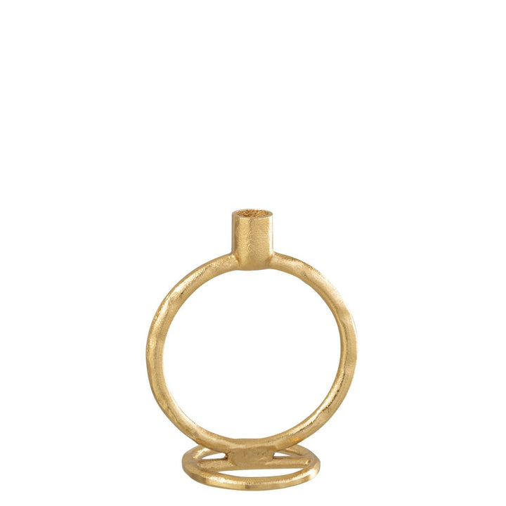 Large gold ring candleholder made from brushed aluminium.