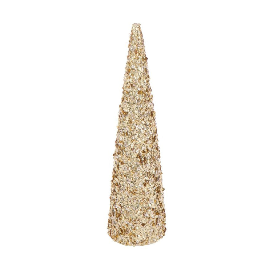 Gold sequin cone tree, large size, shimmering holiday decoration.