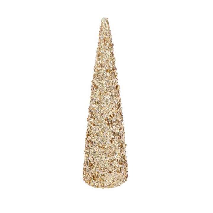 Gold sequin cone tree, large size, shimmering holiday decoration.