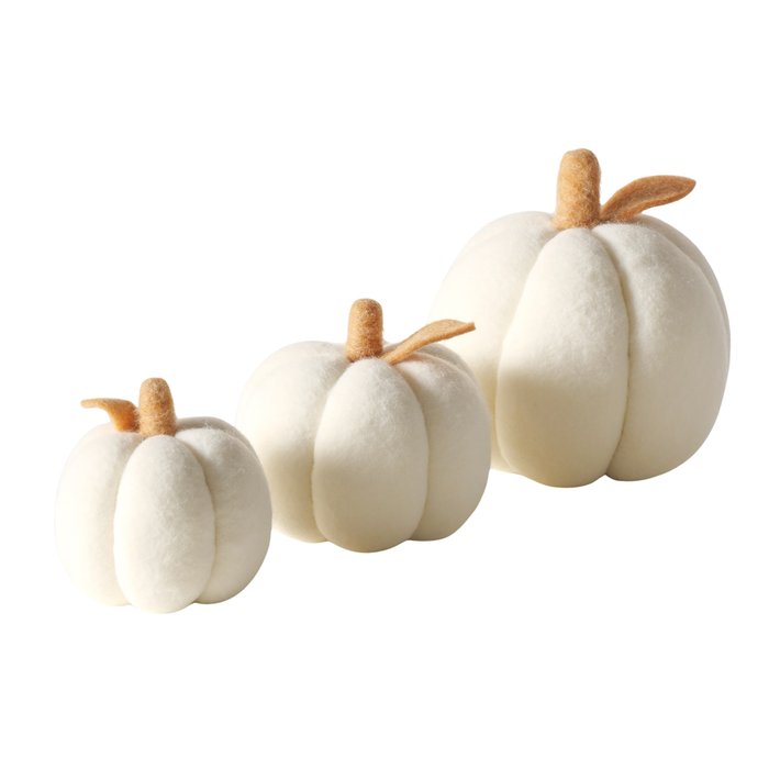Set of 3 hand-crafted white pumpkins in assorted sizes, festive Halloween decorations for mantel, shelf, or table display.