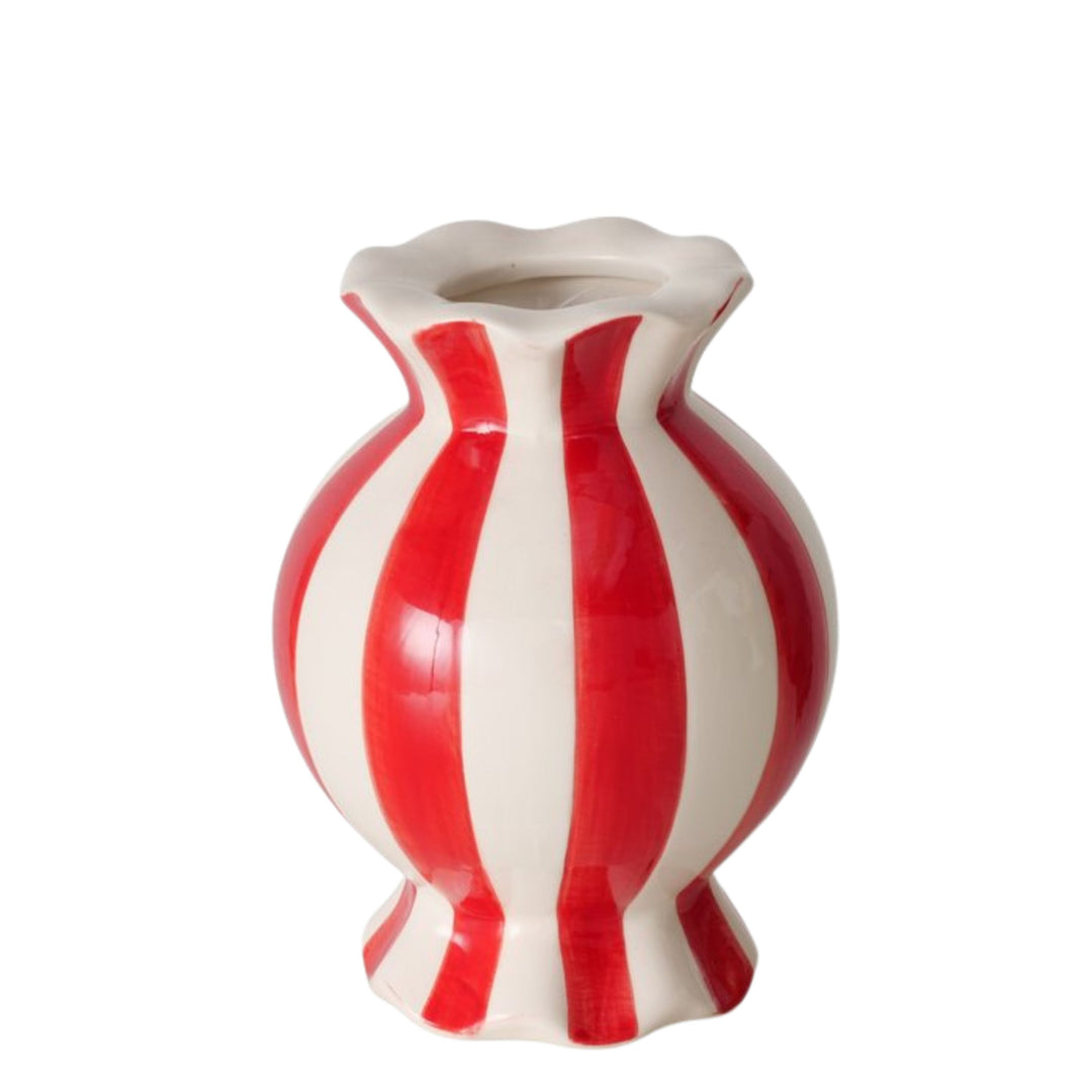 Red and white striped ceramic Bonbon vase by LNH Edit, hand-painted with a glossy finish.