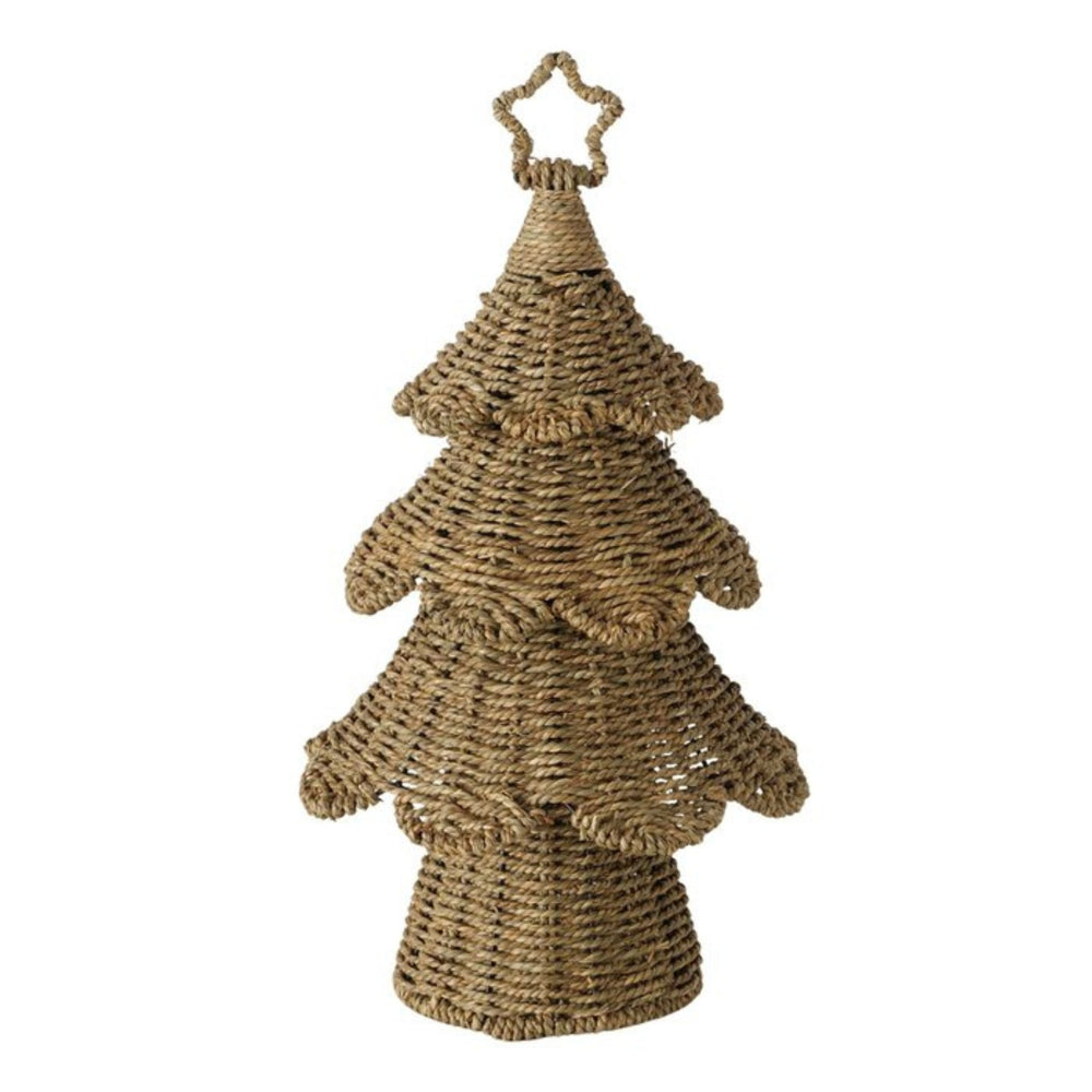 Handwoven natural rattan Christmas tree with star topper, festive sustainable decor by LNH Edit.