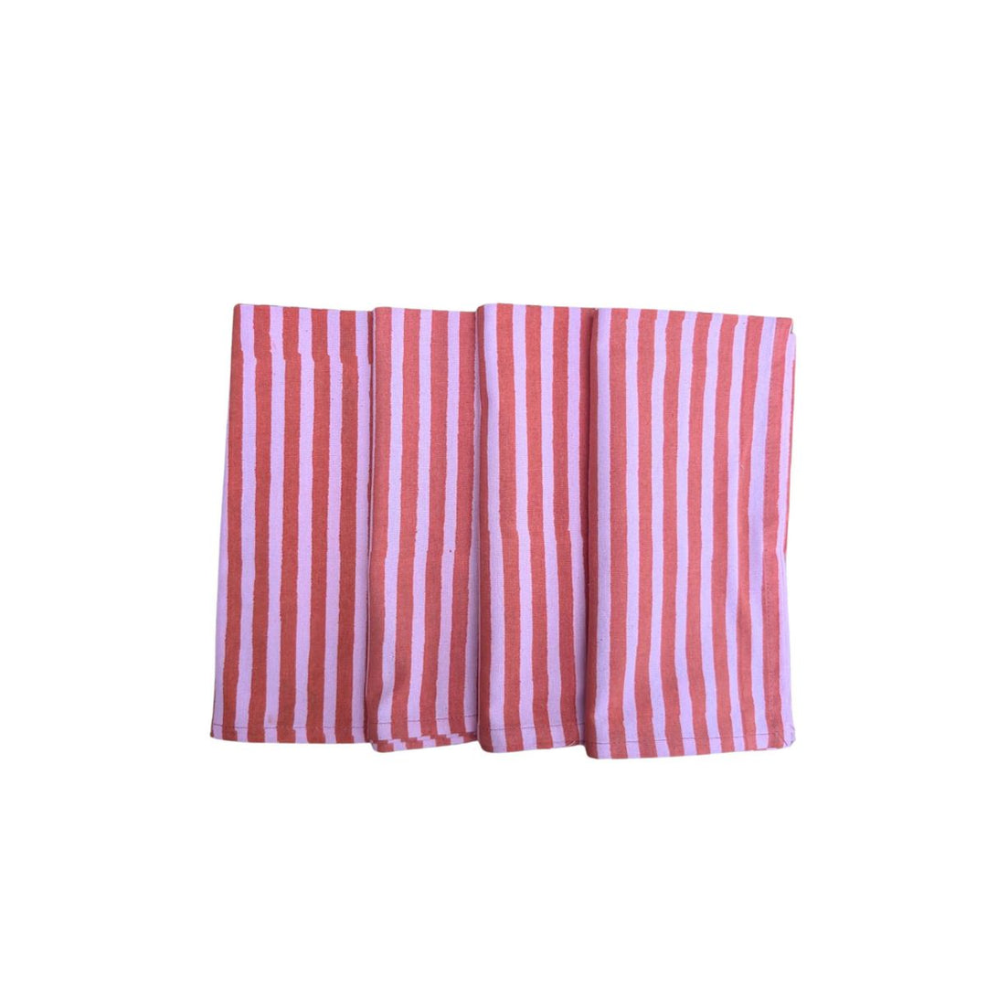 Set of four handmade red and pink striped cotton napkins, block-printed on soft white fabric.