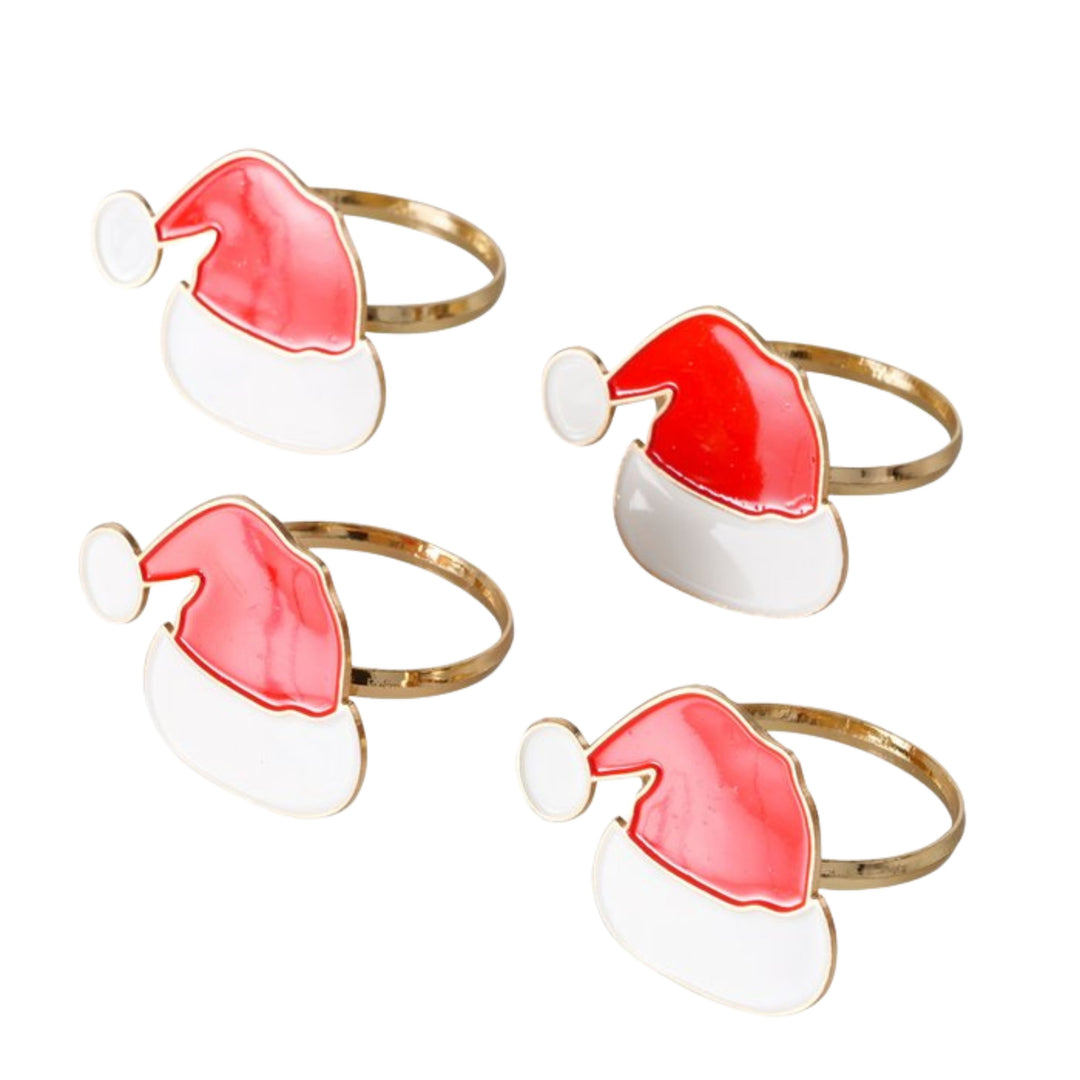 Set of four gold napkin rings with red and white Santa hats from LNH Edit.