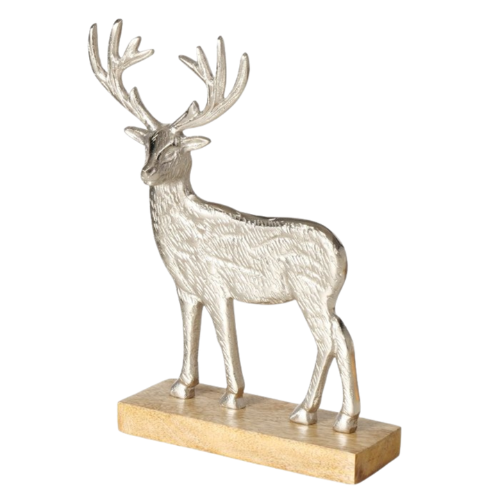 Large silver reindeer figurine on mango wood base from LNH Edit