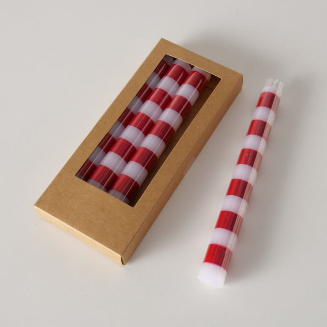 Red and white striped taper candle set with kraft gift box – perfect for Christmas tables.