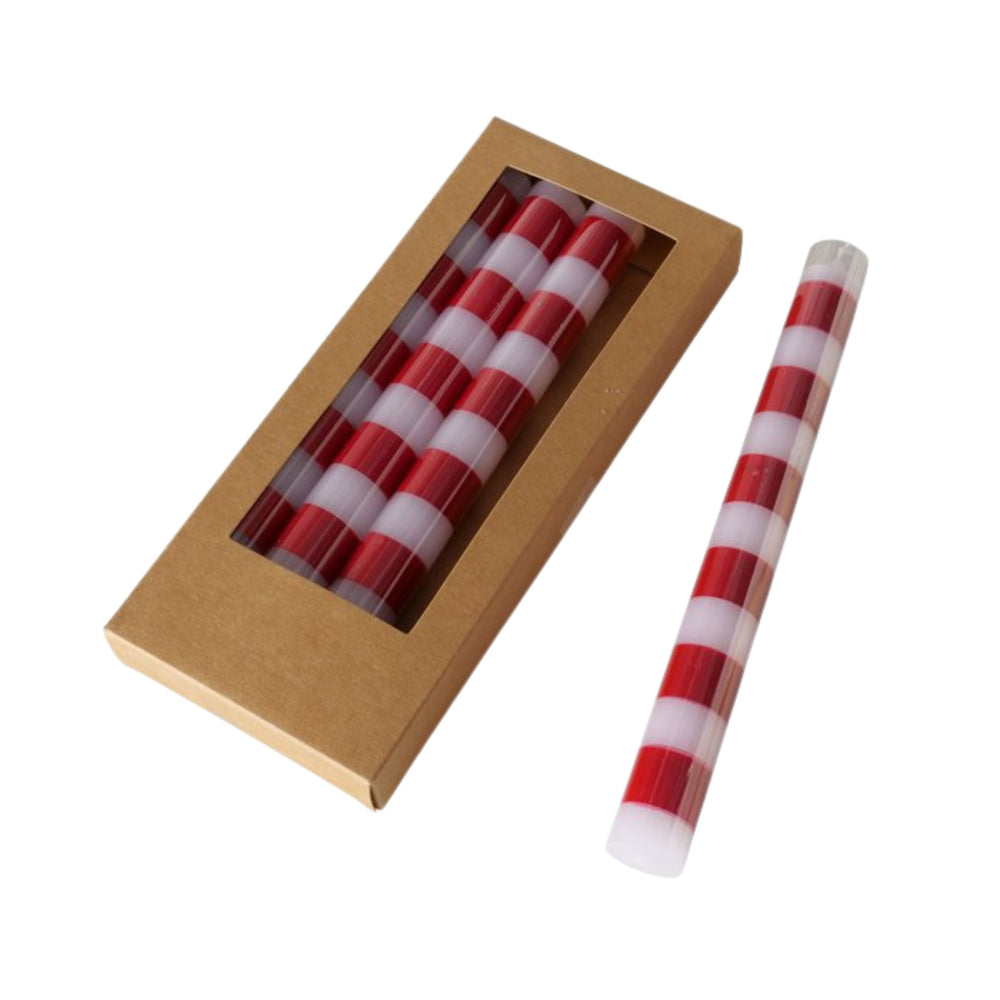 Set of four red and white striped taper candles in kraft box from LNH Edit.