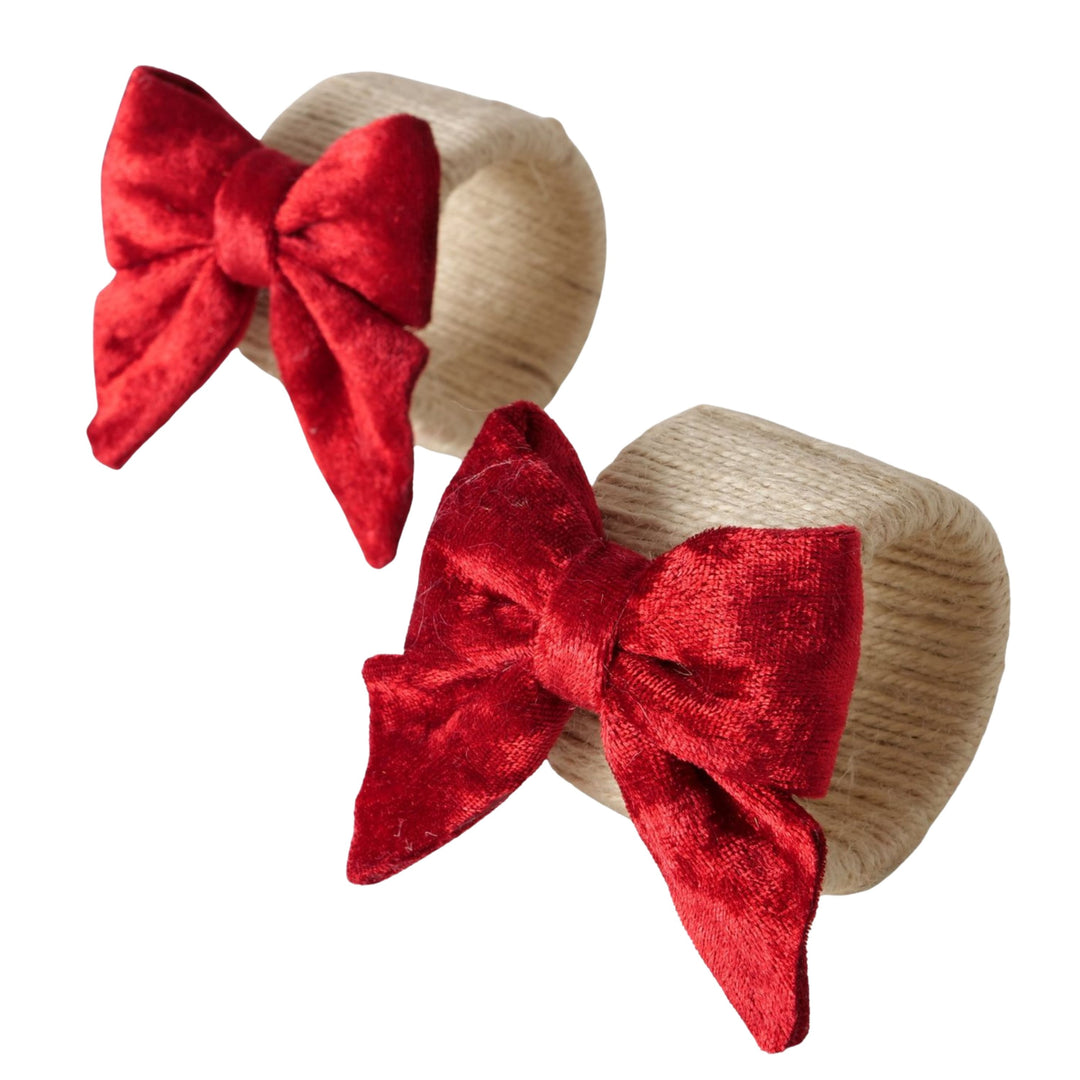 Set of two red velvet bow napkin rings on jute base from LNH Edit.