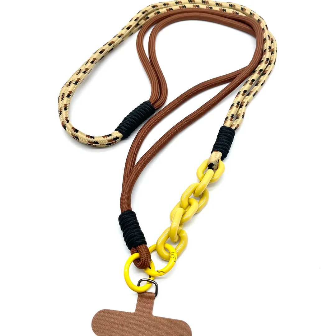 Long Ravello phone chain with chocolate pattern cord and yellow accents – crossbody hands-free accessory