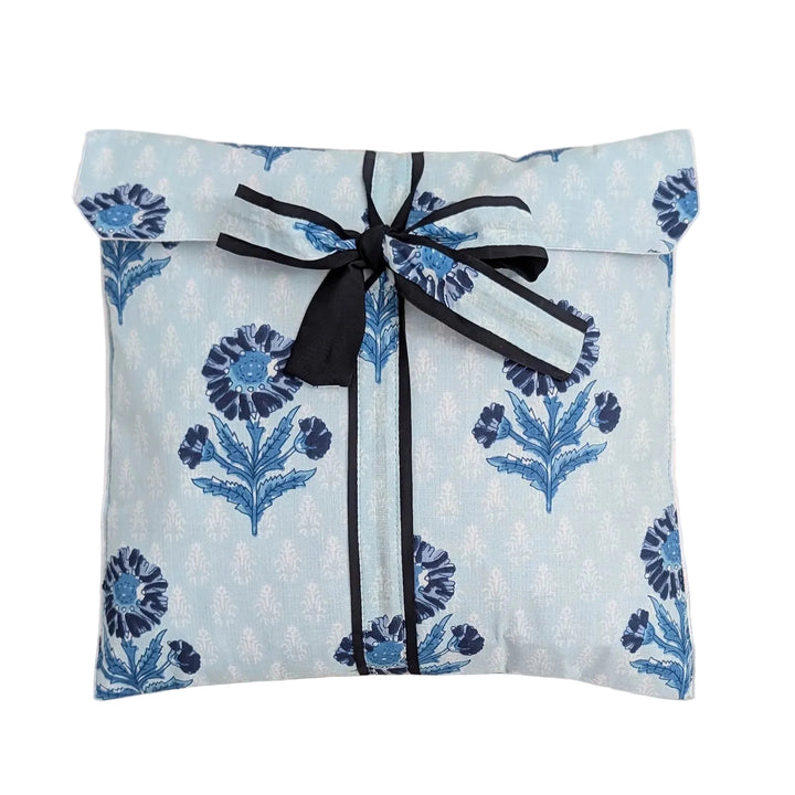 blockprinted long sleeve cotton pyjamas in blue dandelion print, with self fabric envelope 