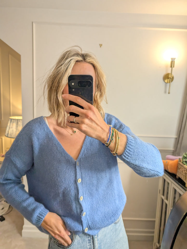 Mohair cardigan in denim blue – cosy knitwear, one size fits 8–14