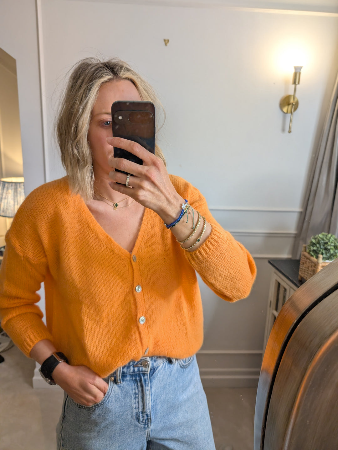 Mohair cardigan in orange – cosy knitwear, one size fits 8–14