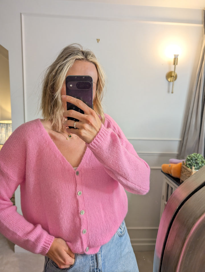 Mohair cardigan in rose pink – cosy knitwear, one size fits 8–14