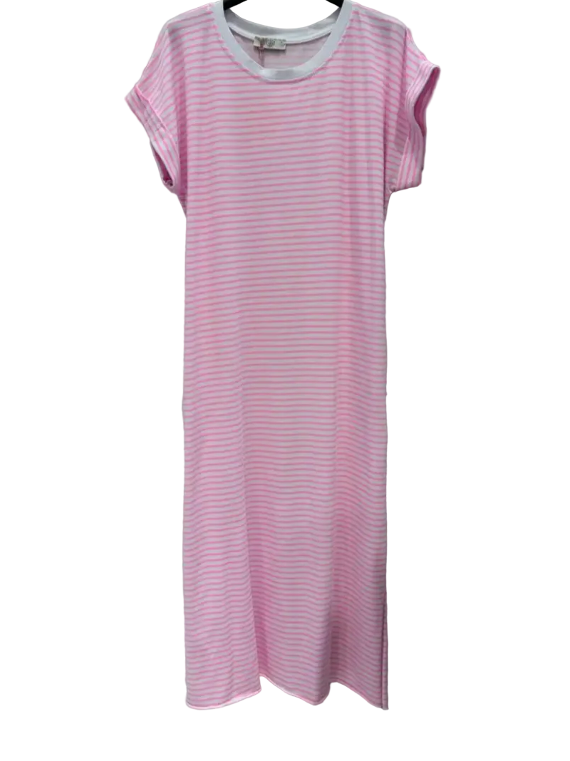 Stripey Neon Pink Cotton T-Shirt Dress-Dresses-LNH Edit