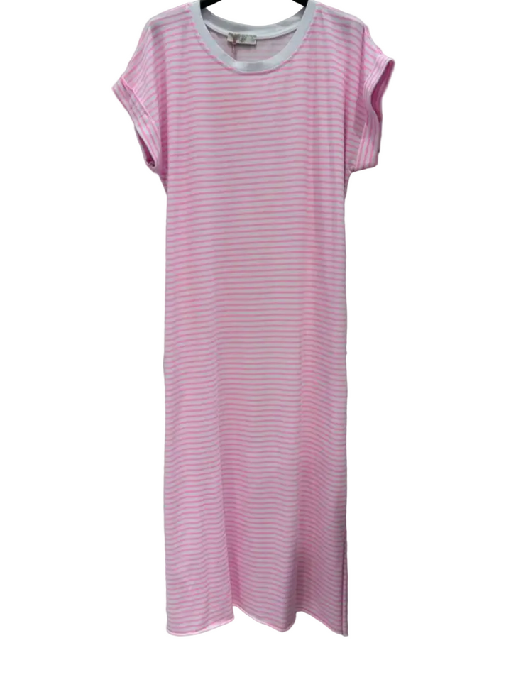 Stripey Neon Pink Cotton T-Shirt Dress-Dresses-LNH Edit