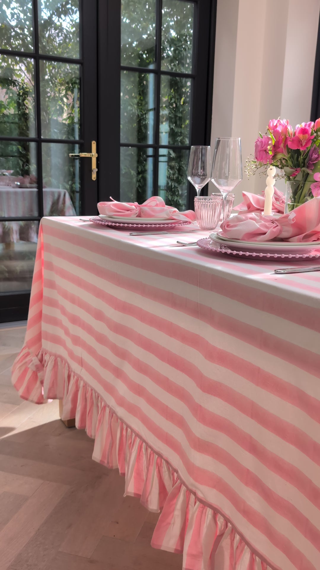 Pink Stripe Frill Rectangle Tablecloth