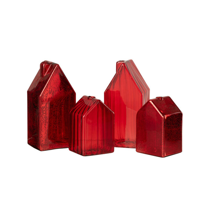 Red glass house decorations in assorted sizes, modern Christmas home accents.