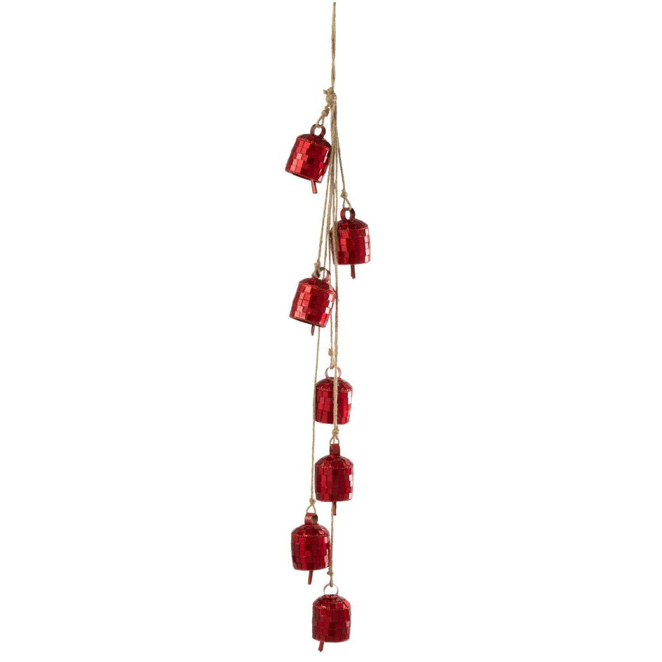 Hanging string of seven red mirrored iron bells with jute rope.