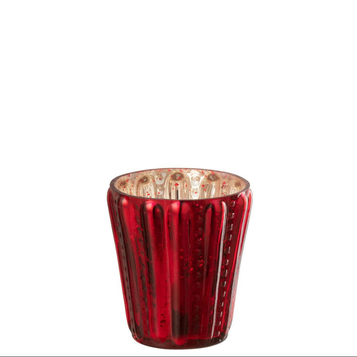 Red ribbed glass tealight holder with metallic mercury-style finish, reflecting warm candlelight.