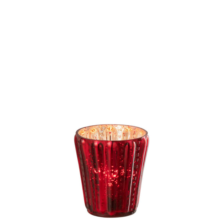 Side view of red ribbed glass tealight holder with gold interior and reflective finish.